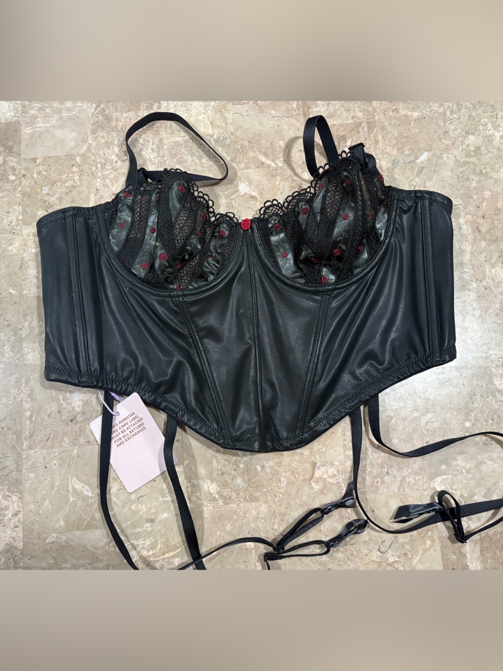 LOT Savage X Fenty Black Faux-Leather Longline Bustier with Red Roses and more!